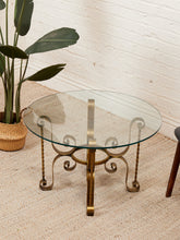 Load image into Gallery viewer, Hollywood Regency Glass Side Table with Brass Scroll Iron Base