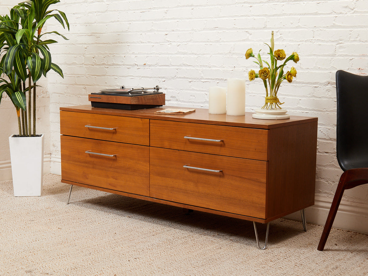 Modern Walnut Low Dresser with Chrome Bar Pulls and Minimalist Design – Sunbeam Vintage