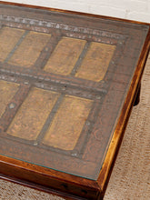 Load image into Gallery viewer, Antique East Asian Wood Door Coffee Table With Brass-Copper Inlay & Wood Base