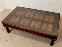 Load image into Gallery viewer, Antique East Asian Wood Door Coffee Table With Brass-Copper Inlay & Wood Base