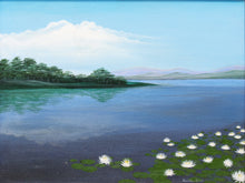 Load image into Gallery viewer, Water Lily Lake Framed Serene Landscape Painting with Lilies and Distant Hills