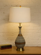 Load image into Gallery viewer, Ribbed Gourd Mid Century Table Lamp with Brass Base and White Drum Shade