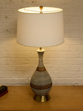 Load image into Gallery viewer, Ribbed Gourd Mid Century Table Lamp with Brass Base and White Drum Shade