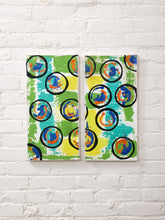 Load image into Gallery viewer, Orbit Pair Contemporary Abstract Diptych with Bold Circular Forms in Blue, Orange and Green