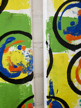 Load image into Gallery viewer, Orbit Pair Contemporary Abstract Diptych with Bold Circular Forms in Blue, Orange and Green