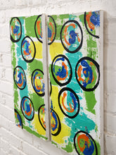 Load image into Gallery viewer, Orbit Pair Contemporary Abstract Diptych with Bold Circular Forms in Blue, Orange and Green