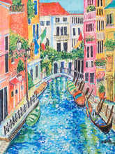Load image into Gallery viewer, Venetian Canal Colorful Cityscape Print with Gondolas and Italian Architecture