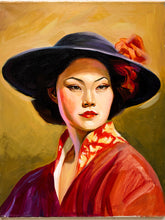 Load image into Gallery viewer, Woman in Black Hat Portrait Painting with Crimson Robe and Golden Background