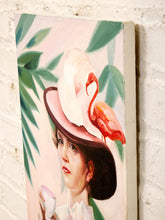 Load image into Gallery viewer, Flamingo Tea Fashion Portrait Original Painting with Teacup and Statement Hat