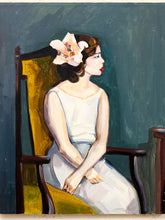 Load image into Gallery viewer, Woman with Orchid Figurative Portrait Painting in White Dress