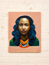 Load image into Gallery viewer, Blue Hair Portrait Figurative Painting with Bold Color and Warm Copper Background