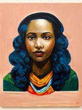 Load image into Gallery viewer, Blue Hair Portrait Figurative Painting with Bold Color and Warm Copper Background