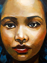Load image into Gallery viewer, Blue Hair Portrait Figurative Painting with Bold Color and Warm Copper Background