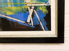 Load image into Gallery viewer, Blue Structure Framed Geometric Abstract Artwork in Blue Green White and Black