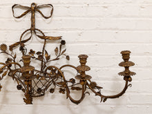 Load image into Gallery viewer, Italian Gold Gilt Tole Wall Sconce Candelabra with Birds and Leaves Rococo Style