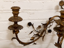 Load image into Gallery viewer, Italian Gold Gilt Tole Wall Sconce Candelabra with Birds and Leaves Rococo Style