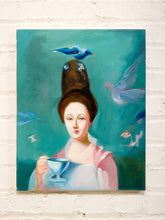 Load image into Gallery viewer, Lady with Birds Surreal Figurative Portrait Painting with Teacup