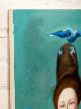 Load image into Gallery viewer, Lady with Birds Surreal Figurative Portrait Painting with Teacup