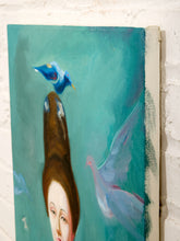Load image into Gallery viewer, Lady with Birds Surreal Figurative Portrait Painting with Teacup