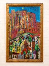Load image into Gallery viewer, City Above the Village by Spencer Collins Framed Expressionist Urban Landscape Painting