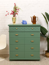 Load image into Gallery viewer, Olive Green Mid-Century Highboy Dresser with Diamond Detail and Sculptural Pulls By Kent Coffey