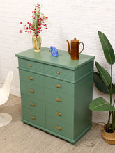 Load image into Gallery viewer, Olive Green Mid-Century Highboy Dresser with Diamond Detail and Sculptural Pulls By Kent Coffey