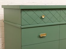 Load image into Gallery viewer, Olive Green Mid-Century Highboy Dresser with Diamond Detail and Sculptural Pulls By Kent Coffey