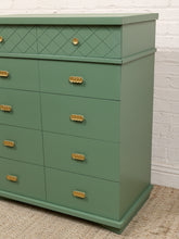 Load image into Gallery viewer, Olive Green Mid-Century Highboy Dresser with Diamond Detail and Sculptural Pulls By Kent Coffey