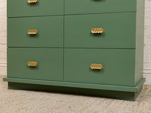 Load image into Gallery viewer, Olive Green Mid-Century Highboy Dresser with Diamond Detail and Sculptural Pulls By Kent Coffey