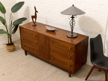 Load image into Gallery viewer, Vintage Mid-Century Modern Walnut Nine-Drawer Credenza with Brass Hardware