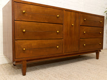 Load image into Gallery viewer, Vintage Mid-Century Modern Walnut Nine-Drawer Credenza with Brass Hardware