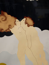 Load image into Gallery viewer, Celestial Embrace Surreal Romantic Artwork with Moon and Floating Figures