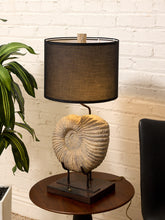 Load image into Gallery viewer, Ammonite Fossil Table Lamp with Black Drum Shade