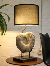 Load image into Gallery viewer, Ammonite Fossil Table Lamp with Black Drum Shade