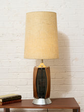 Load image into Gallery viewer, Vintage Mid-Century Table Lamp featuring Sculptural Wood Frame, Smoked Glass Panels, Metal Base and Tall Neutral Fabric Shade