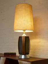 Load image into Gallery viewer, Vintage Mid-Century Table Lamp featuring Sculptural Wood Frame, Smoked Glass Panels, Metal Base and Tall Neutral Fabric Shade