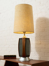 Load image into Gallery viewer, Vintage Mid-Century Table Lamp featuring Sculptural Wood Frame, Smoked Glass Panels, Metal Base and Tall Neutral Fabric Shade