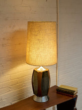 Load image into Gallery viewer, Vintage Mid-Century Table Lamp featuring Sculptural Wood Frame, Smoked Glass Panels, Metal Base and Tall Neutral Fabric Shade