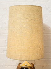 Load image into Gallery viewer, Vintage Mid-Century Table Lamp featuring Sculptural Wood Frame, Smoked Glass Panels, Metal Base and Tall Neutral Fabric Shade