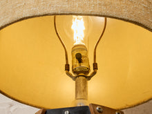 Load image into Gallery viewer, Vintage Mid-Century Table Lamp featuring Sculptural Wood Frame, Smoked Glass Panels, Metal Base and Tall Neutral Fabric Shade