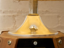 Load image into Gallery viewer, Vintage Mid-Century Table Lamp featuring Sculptural Wood Frame, Smoked Glass Panels, Metal Base and Tall Neutral Fabric Shade