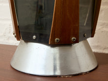 Load image into Gallery viewer, Vintage Mid-Century Table Lamp featuring Sculptural Wood Frame, Smoked Glass Panels, Metal Base and Tall Neutral Fabric Shade