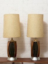 Load image into Gallery viewer, Vintage Mid-Century Table Lamp featuring Sculptural Wood Frame, Smoked Glass Panels, Metal Base and Tall Neutral Fabric Shade