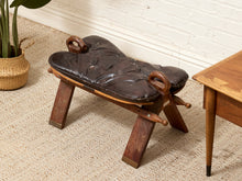 Load image into Gallery viewer, Vintage Leather Saddle Stool with Tufted Seat and Sculptural Wood Frame as found