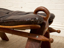 Load image into Gallery viewer, Vintage Leather Saddle Stool with Tufted Seat and Sculptural Wood Frame as found