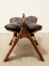 Load image into Gallery viewer, Vintage Leather Saddle Stool with Tufted Seat and Sculptural Wood Frame as found