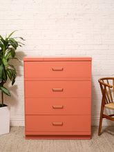 Load image into Gallery viewer, Vintage Postmodern Burnt Orange Four-Drawer Highboy Dresser with Brass Hardware jewelry top