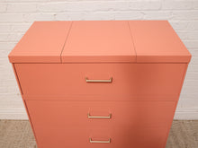 Load image into Gallery viewer, Vintage Postmodern Burnt Orange Four-Drawer Highboy Dresser with Brass Hardware jewelry top