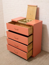 Load image into Gallery viewer, Vintage Postmodern Burnt Orange Four-Drawer Highboy Dresser with Brass Hardware jewelry top