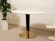 Load image into Gallery viewer, Modern Oval Faux Marble Dining Table with Black and Brass Pedestal Base